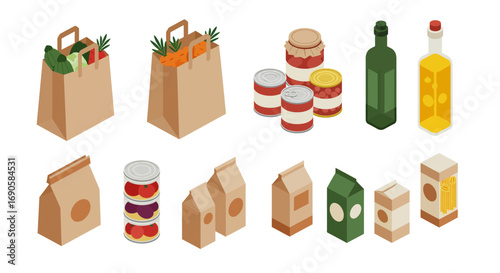 Isometric grocery packaging: bags, jars, and bottles in modern design