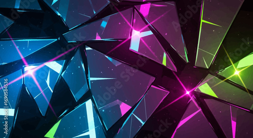 Shattered glass fragments reflecting vibrant neon lights in an abstract, futuristic pattern with glowing blue, pink, and green hues.