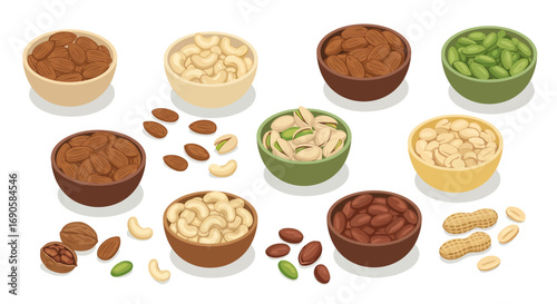 Assorted nuts in bowls with realistic style set on white background