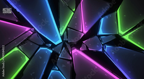 Abstract artwork of shattered glass with vibrant neon lights reflecting on the surface.