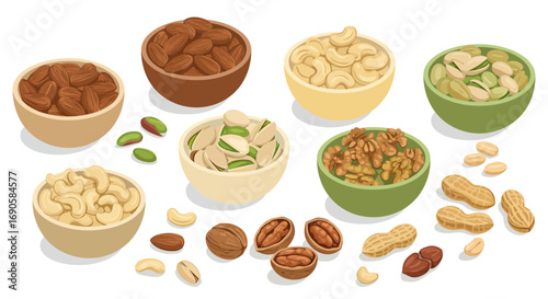 Assorted nuts in bowls on white background in flat design