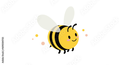 Cute cartoon bee with smiling face and wings on white background