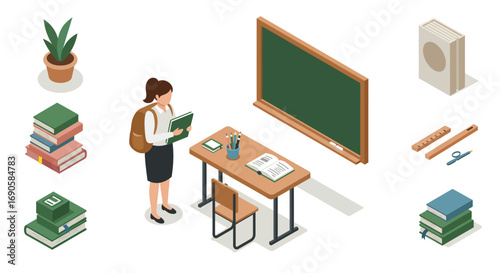 Isometric school classroom scene with student and desk elements
