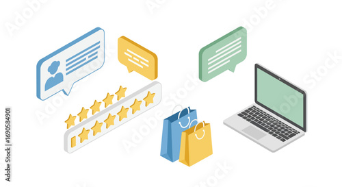 Isometric online shopping and customer review concept with laptop and shopping bags