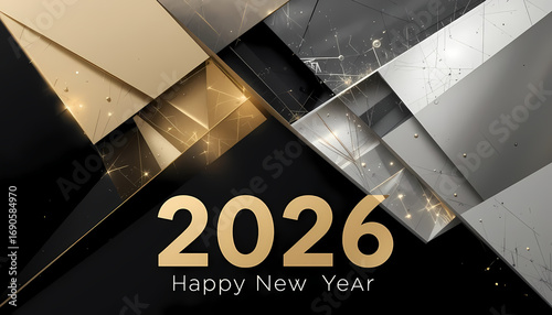 2026 Happy New Year Geometric Celebration Design Gold and Silver Abstract Shapes with Sparkles on Dark Background Luxurious Holiday Greeting for Seasonal and Editorial Use