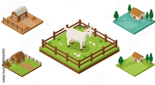 Isometric farm with goat and barns: detailed rural landscape design