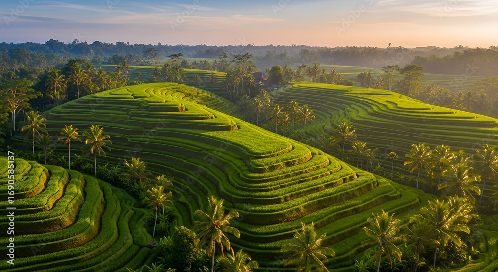 Fototapeta premium Lush green rice terraces cascade down hillsides under a soft, warm light, with scattered trees and distant haze.