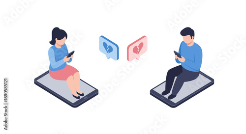 Isometric digital relationship communication: couple texting with broken heart symbols