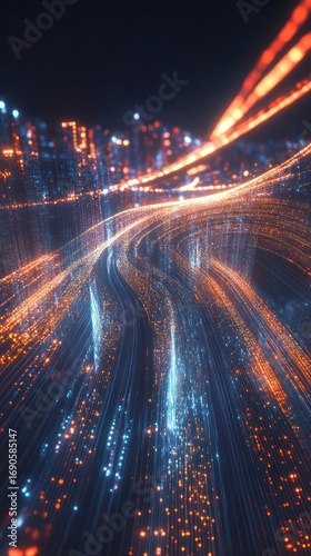 Abstract digital city at night with glowing light trails.