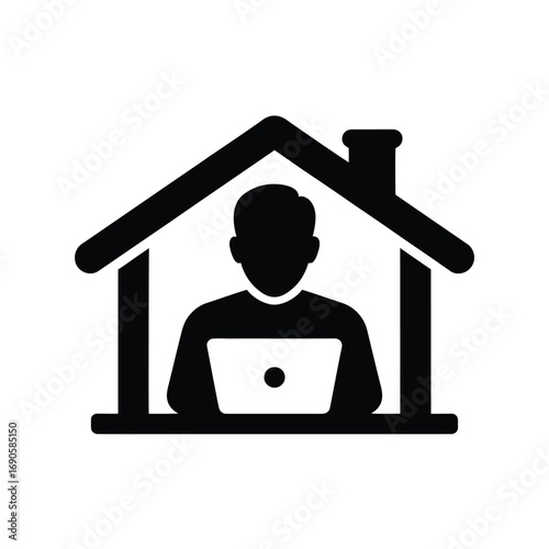 Person working on laptop inside a house icon on white background silhouette computer