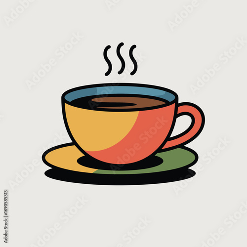 Red and yellow coffee cup with steam and shadow on white background saucer