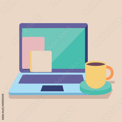 Flat illustration of a laptop with a coffee mug and pastel colored shapes notebook flat design