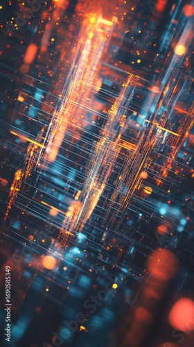 Abstract digital data flow, glowing lines and particles.