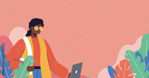 Professional Black woman in sunglasses using a laptop amidst abstract botanical elements, symbolizing remote work, digital lifestyle, and modern entrepreneurship.