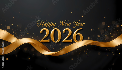 Happy New Year 2026 Golden Ribbon Background Elegant Celebration Design with Sparkles and Dark Gradient Festive Greeting Card for Holiday and Seasonal Events