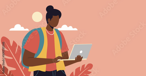 Young person with backpack uses laptop outdoors, embodying remote work, digital learning, and a connected lifestyle.
