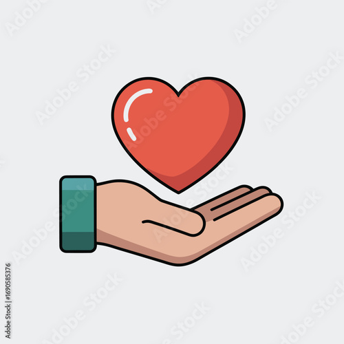 Red heart held in open hand with green cuff on white background love care