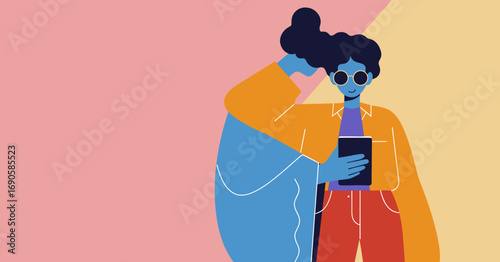 Stylish person with sunglasses engrossed in a smartphone, depicting digital communication, social media, and modern lifestyle. Ideal for technology, apps, and online content.