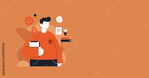 Professional illustration of a man managing tasks, data, and time. Ideal for business, productivity, organization, and digital workflow concepts. Emphasizes efficiency and planning.