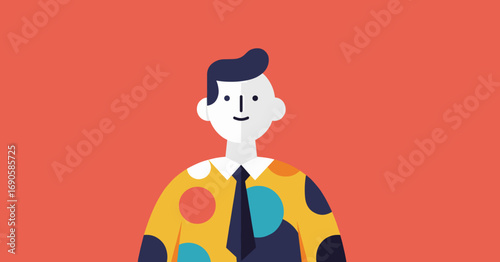 Smiling flat design illustration of a professional man in a vibrant polka-dot shirt and tie, representing creativity and positive business attitude.