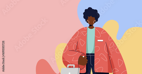 Stylish Black woman stands out against a vibrant, colorful abstract background, holding a briefcase, embodying confidence and success in a modern professional setting.