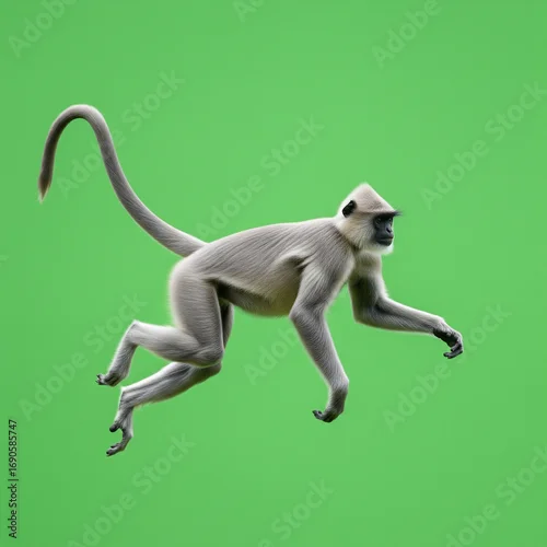 Fototapeta Studio Gray Langur Leaping Against Plain Green Backdrop Wildlife Portrait