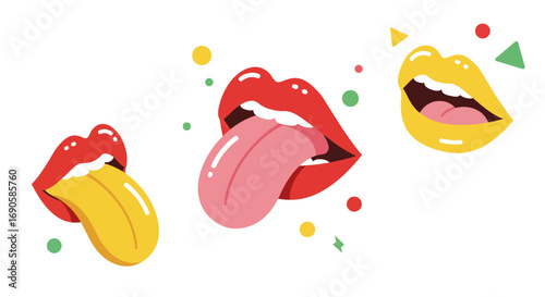 Colorful pop art mouths with sticking out tongues and geometric shapes
