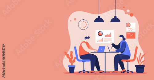 Colleagues collaborate on laptops, analyzing data and charts in a modern office. Perfect for illustrating business strategy, teamwork, and productivity.