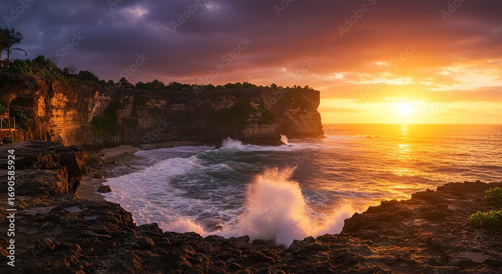 Fototapeta premium Dramatic coastal scene featuring waves crashing against rocky cliffs under a vibrant, colorful sunset sky.