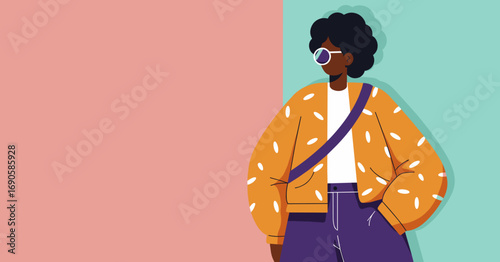 Modern flat design illustration of a confident young Black woman in stylish casual attire, ready for urban lifestyle or travel. Vibrant background.