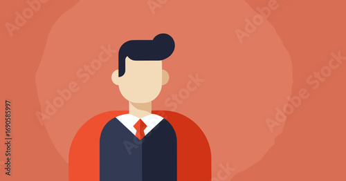 Minimalist illustration of a businessman in a suit and tie, wearing a red cape, symbolizing leadership, success, or heroism in business. Ideal for corporate concepts and empowerment.