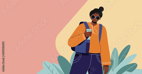 Stylish young woman with a backpack and sunglasses stands against a colorful backdrop with tropical foliage, embodying travel and a modern lifestyle.