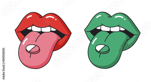 Colorful cartoon lips with vibrant tongues and piercings on white background