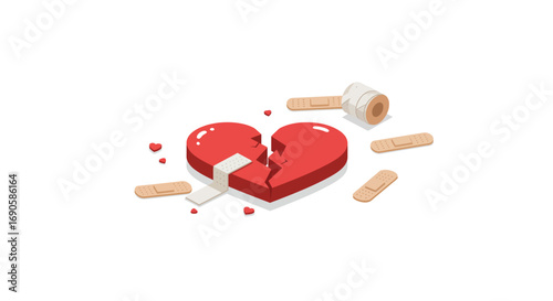 Broken heart with bandages: isometric symbols of love and healing