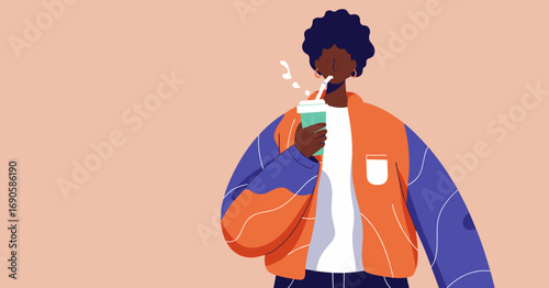 Modern illustration of a stylish Black woman enjoying a refreshing drink in a casual setting. Perfect for lifestyle, urban, or daily routine themes.
