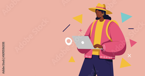Stylish woman in a hat using a laptop, representing modern remote work, digital creativity, and online learning in a vibrant setting.
