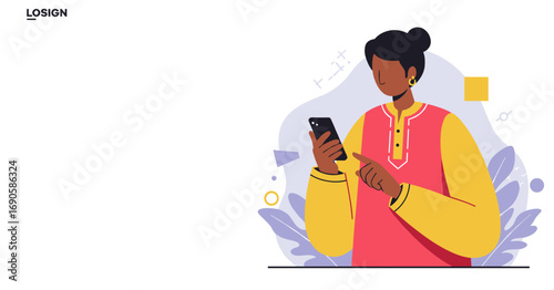 Modern woman using smartphone for communication, social media, or online shopping. Depicts digital lifestyle, technology, and connectivity. Useful for business, marketing, and web design.