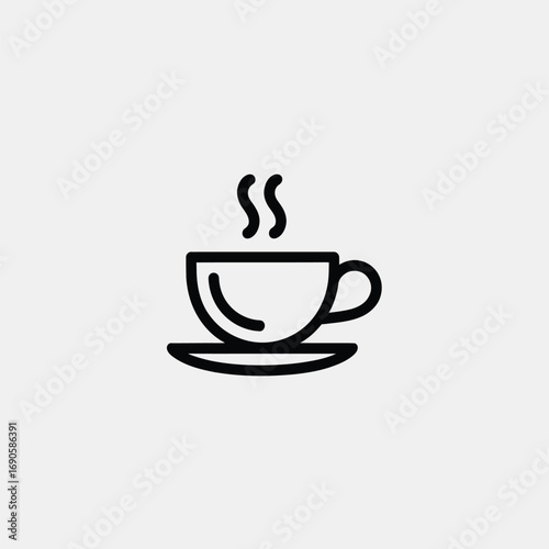 Simple black line art of a steaming coffee cup and saucer image photo
