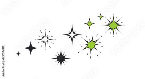 Abstract green and black starburst elements on minimalist white background