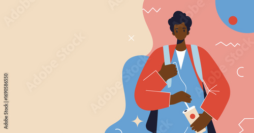 Modern illustration of a young adult, possibly a student or traveler, carrying a backpack and a beverage, embodying urban lifestyle or daily commute.