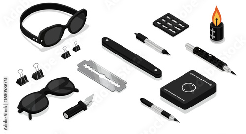 Essential monochrome accessories and tools in isometric view for modern design