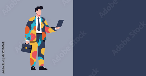 Creative businessman in a vibrant, patterned suit, holding a laptop and briefcase, representing modern business, innovation, and individuality.