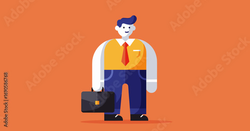 Professional man illustration in business attire with a briefcase on an orange background, symbolizing career, employment, and corporate life.