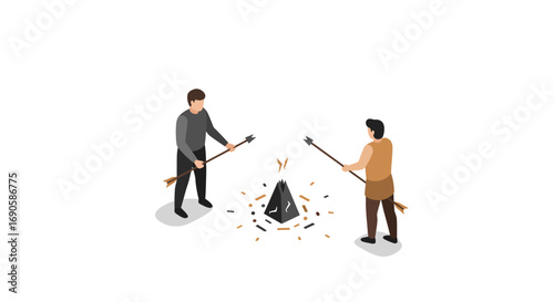 Prehistoric hunters making fire with arrowheads and sparks in isometric style