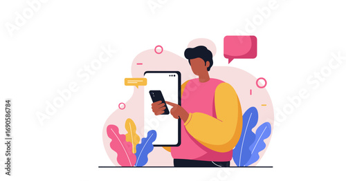 Modern illustration of a person using a smartphone and tablet, engaging in digital communication. Ideal for concepts like social media, networking, or online services.