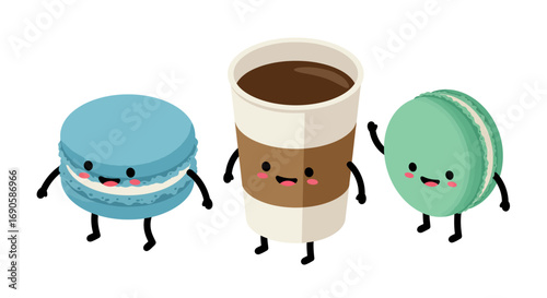 Cute cartoon coffee cup and macarons with smiling faces in a fun flat style
