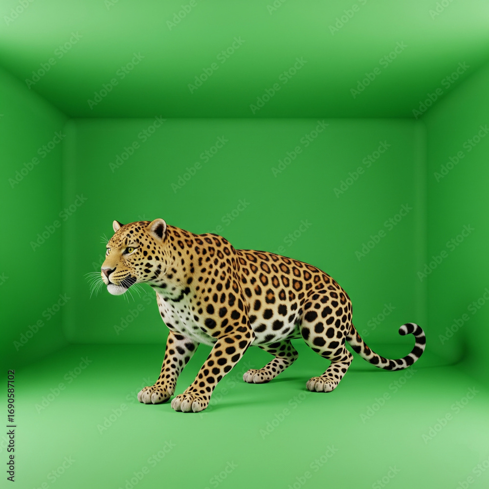 Fototapeta premium Leopard Standing on Green Background