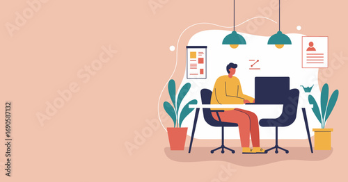 A focused professional working diligently on his laptop in a modern, organized home office, symbolizing productivity and remote business.