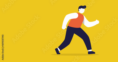 Energetic illustration of a person walking or jogging on a yellow background, representing forward movement, fitness, and an active lifestyle. Great for business or health themes.
