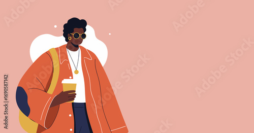 Stylish African American individual walking casually with a coffee cup and backpack, embodying modern urban lifestyle and daily routine. Perfect for concepts.